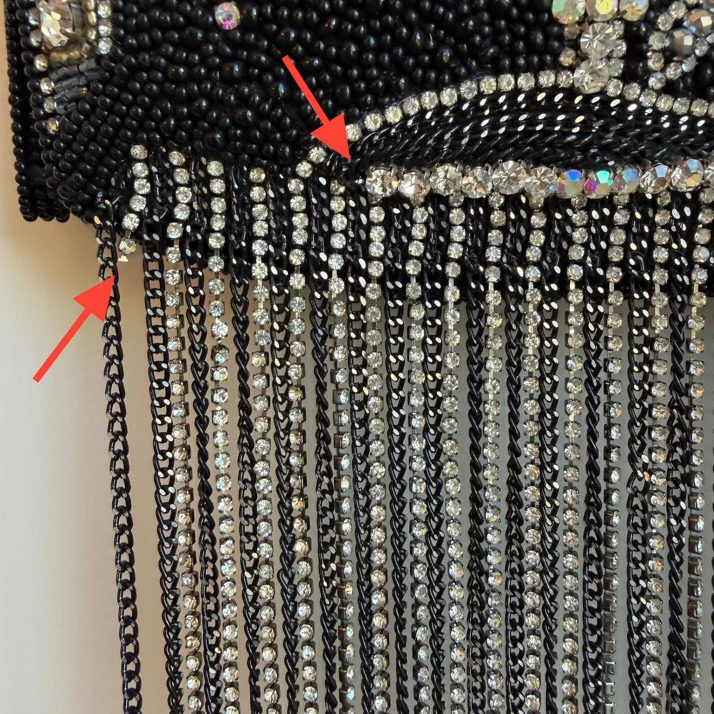 Mary Frances Touch of Bubbly Beaded Bag‎ Black Rhinestone Fringe Novelty Purse